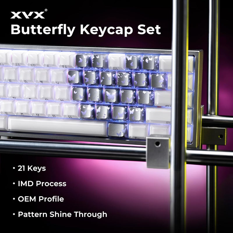 HITIME XVX Butterfly Shine Through Keycaps, Love Theme Cute Custom Keycaps, Blank OEM Profile IMD Translucent Keycap, Anime Style, for MX Switches Mechanical Keyboard, Silver（Only 21 Keys - Image 2